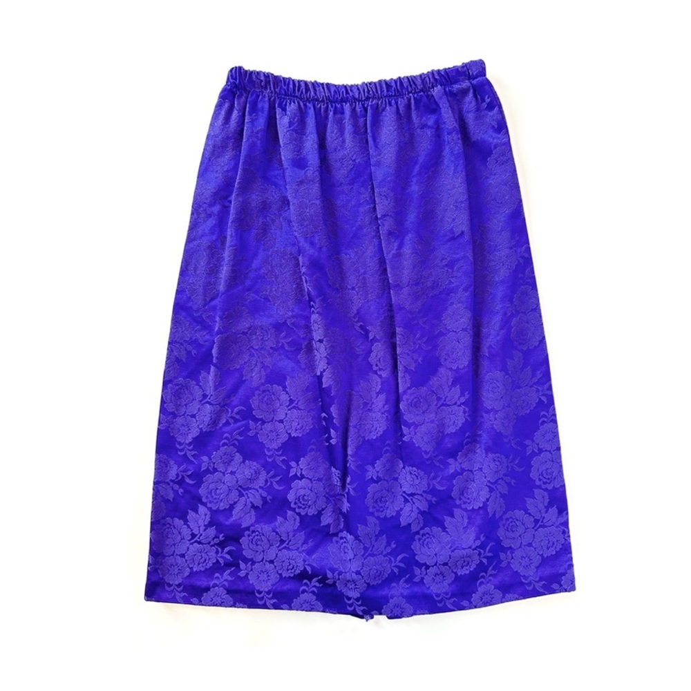 Vintage 90s Purple Damask Mini Pencil Skirt Elastic Waist Floral Cotton Satin M